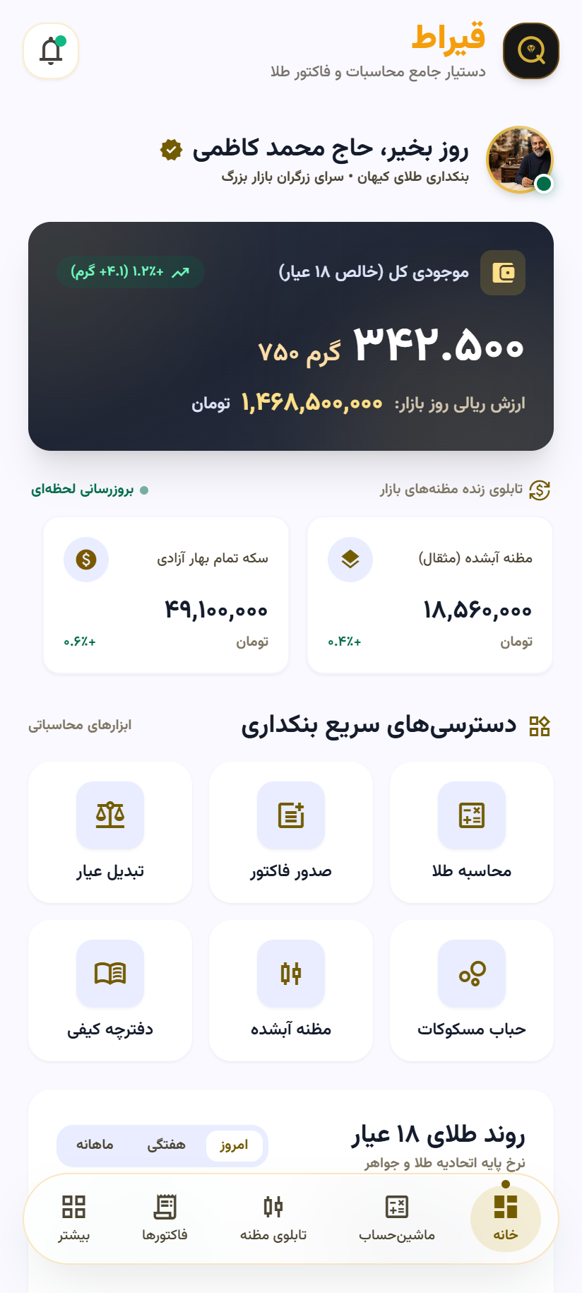 صفحه اصلی اپلیکیشن قیراط